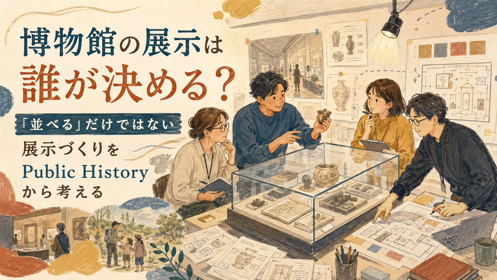 博物館の展示を考える人々（AI作成）